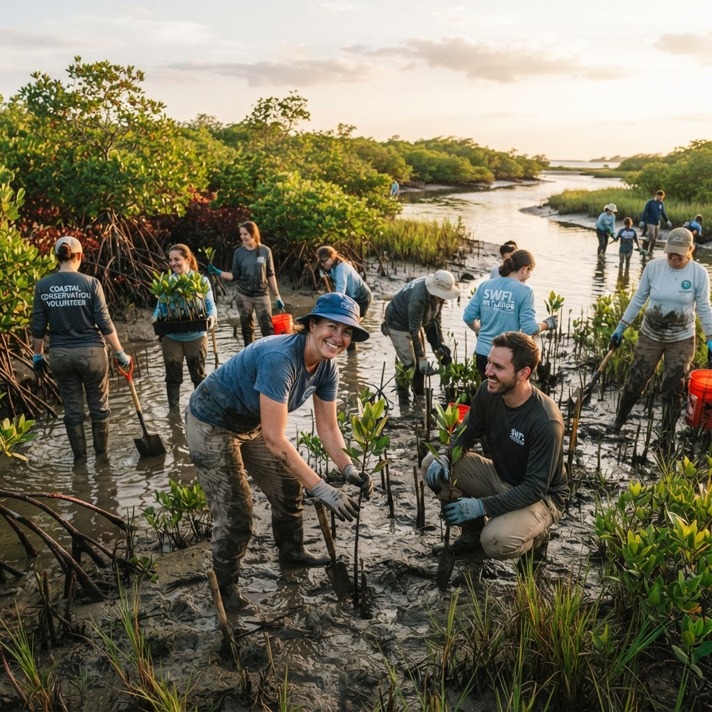 Volunteers restoring a coastal wetland in Florida