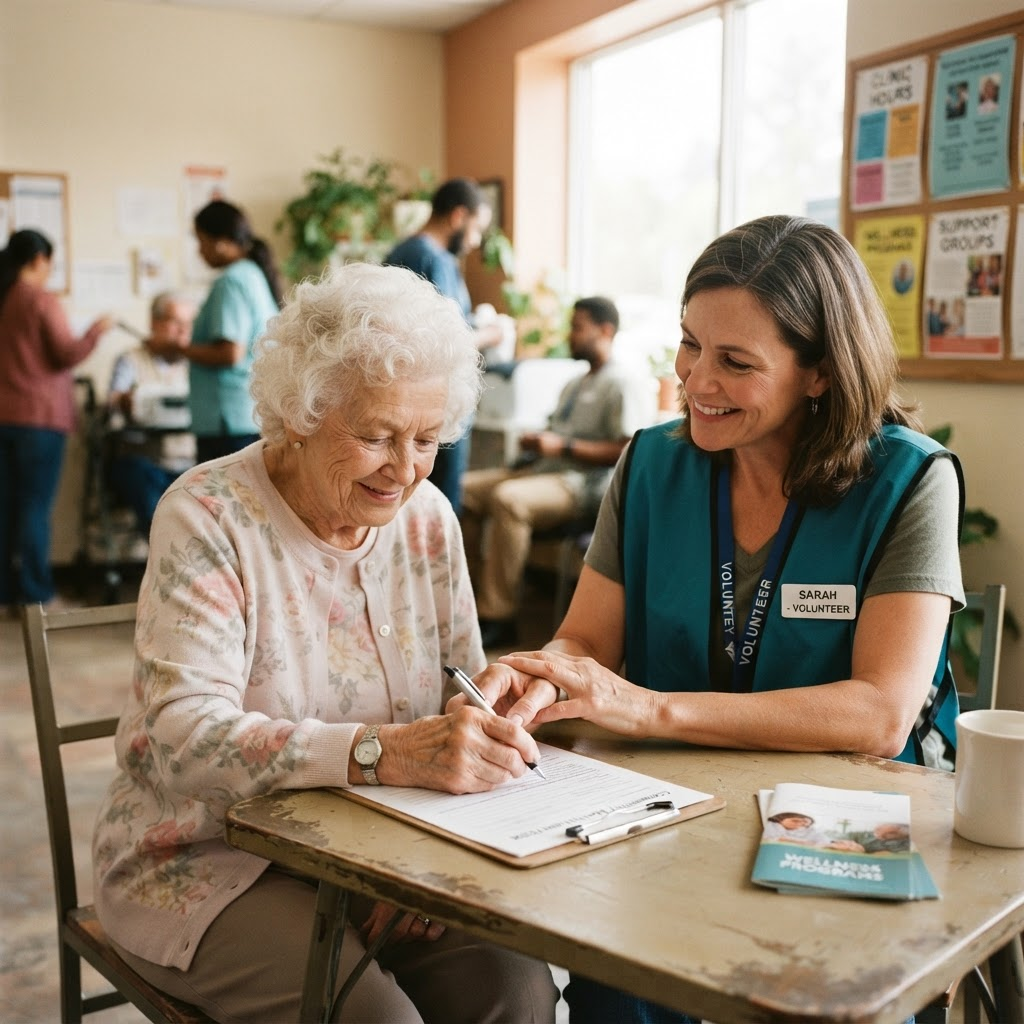A volunteer assisting an older adult at a community clinic